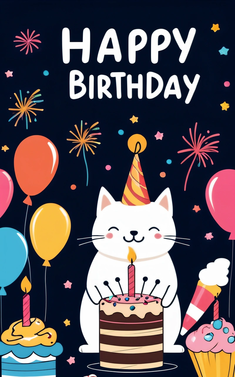 A cat with a Birthday hat and a cake with candles and balloons on a black background with a happy Birthday message in the middle of the card, happy, a pastel, happening