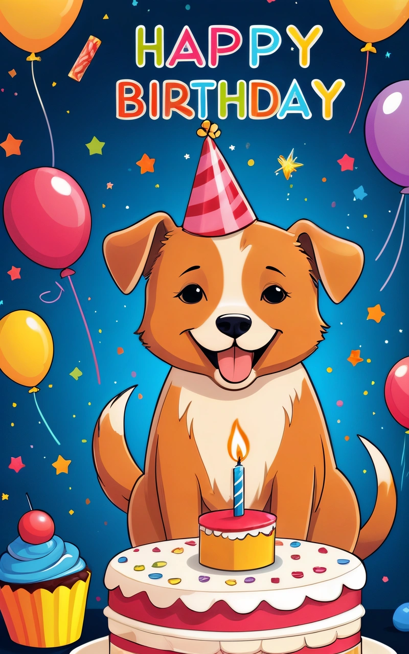 A dog with a Birthday hat sitting in front of a cake with a candle on it and balloons around it, with the words happy Birthday written on the top, highly detailed digital art, a digital rendering, furry art