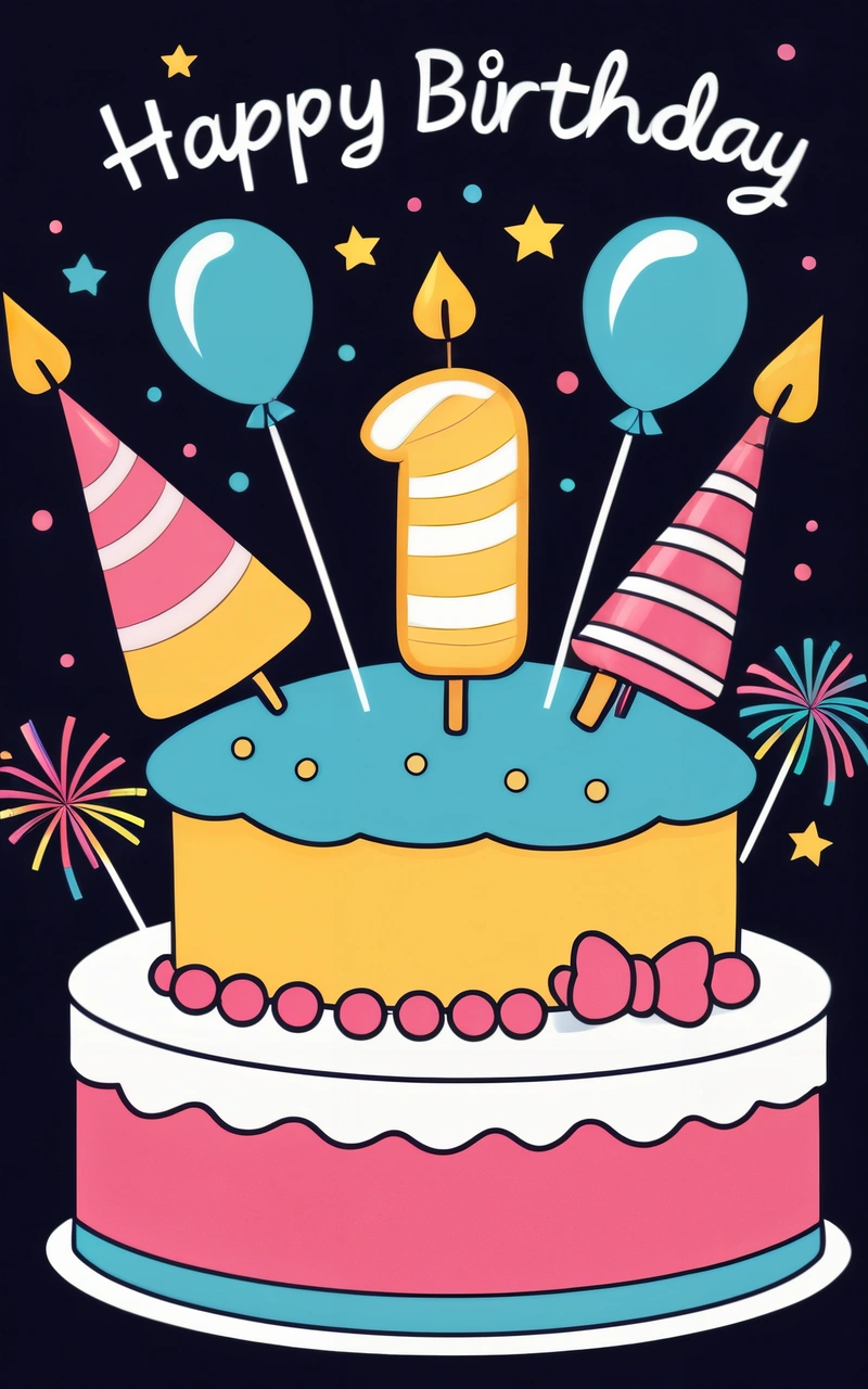 A Birthday cake with candles and balloons on it's top and a happy Birthday message on the bottom of the card that says happy Birthday, book cover, a pastel, international typographic style