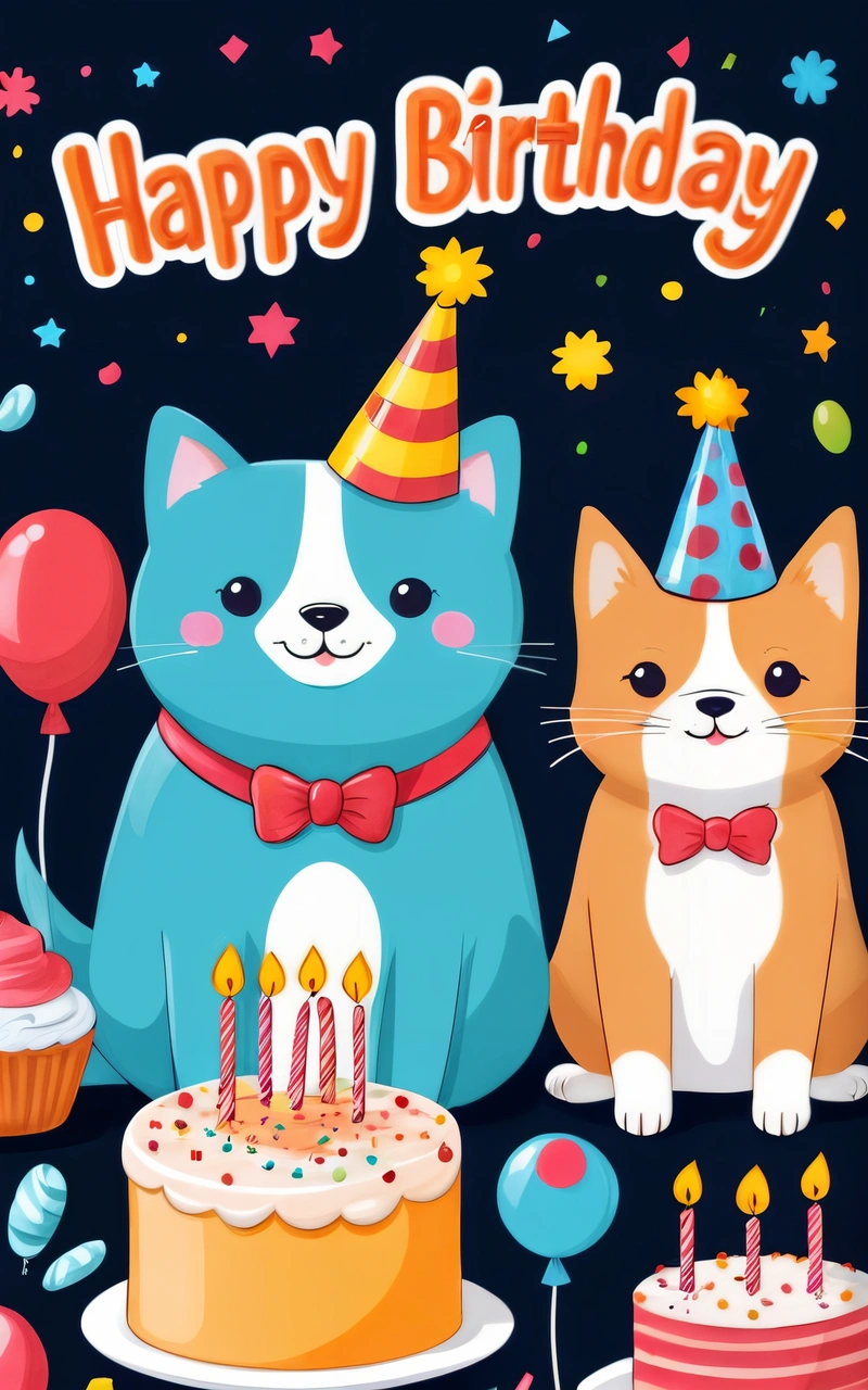 A Birthday card with two cats and a cake with candles and balloons on it, and a cat with a bow tie and a cat with a Birthday hat, highly detailed digital art, computer graphics, furry art