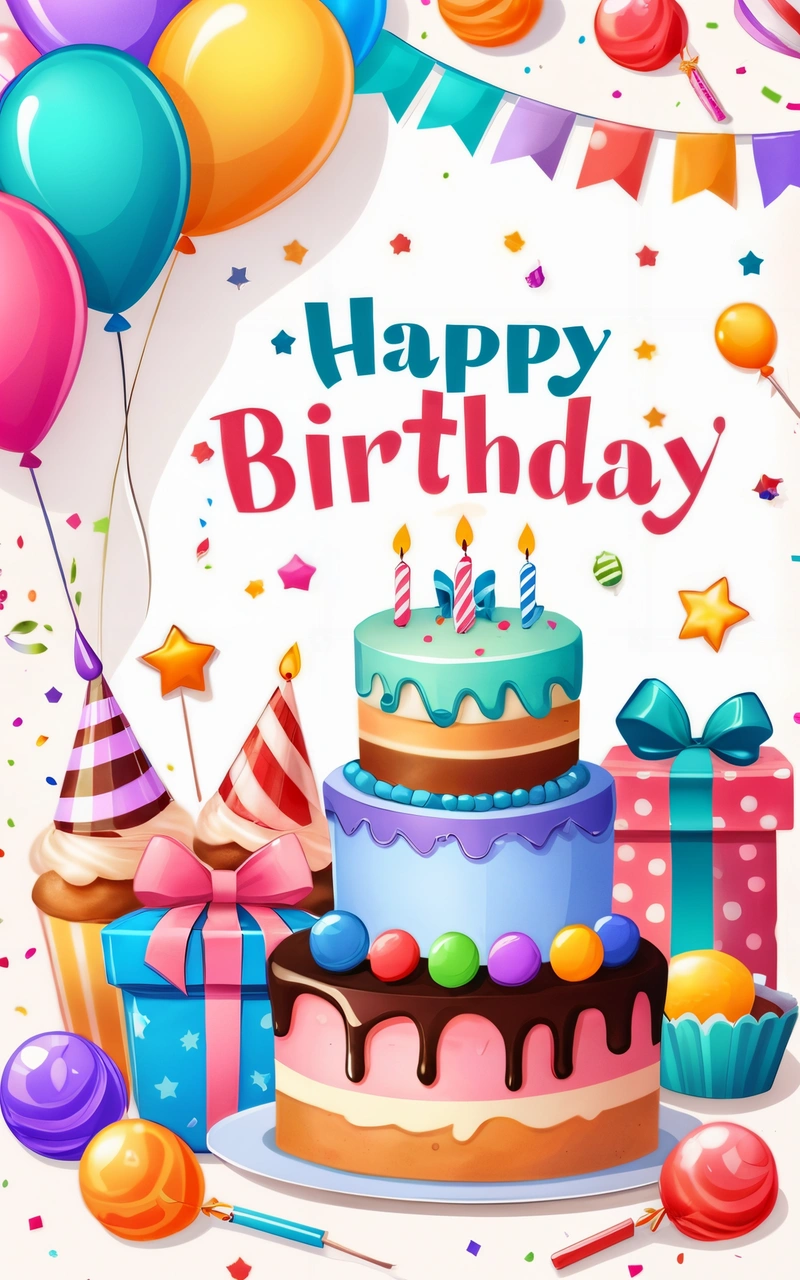 A Birthday card with a cake and balloons on it and a lot of confetti and streamers around it with a happy Birthday message, plain background, a pastel, naive art