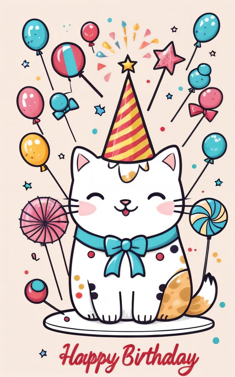 A cat with a party hat and balloons on it's head is sitting in front of a Birthday card with a cat wearing a bow tie, plain background, a pastel, furry art