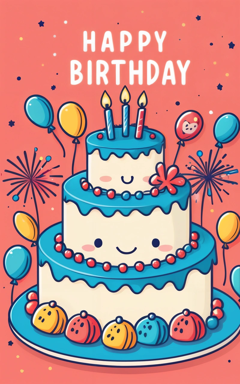 A Birthday cake with candles and balloons on a plate with a happy Birthday message on it's side and a pink background with stars and confetti, plain background, a pastel, naive art