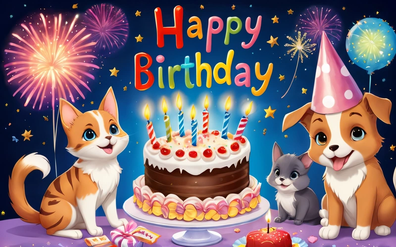 A Birthday card with two dogs and a cat with a cake and fireworks in the background and a Birthday cake with candles and a cat, happy, a pastel, naive art