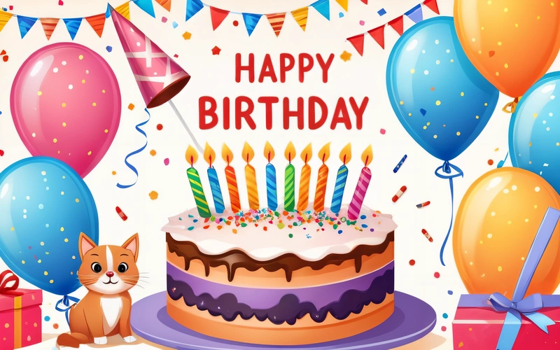 A Birthday cake with candles and a cat sitting in front of it with balloons and streamers around it and a Birthday card with a cat, plain background, a pastel, international typographic style
