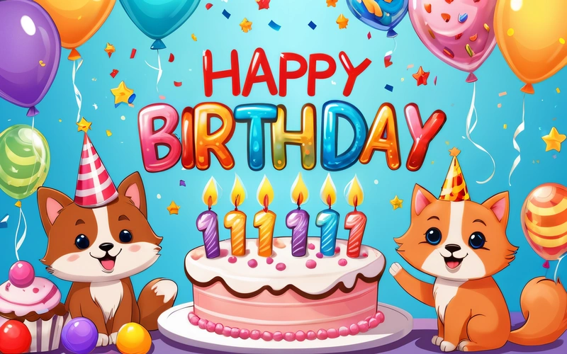 A Birthday card with two cats and a cake with candles and balloons on a table with balloons and confetti on it and a blue background with a, happy, computer graphics, naive art