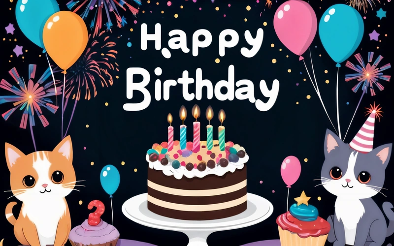 A Birthday card with two cats and a cake with candles and balloons on it and a Birthday cake with candles and balloons on it, and a black background with, plain background, a pastel, international typographic style