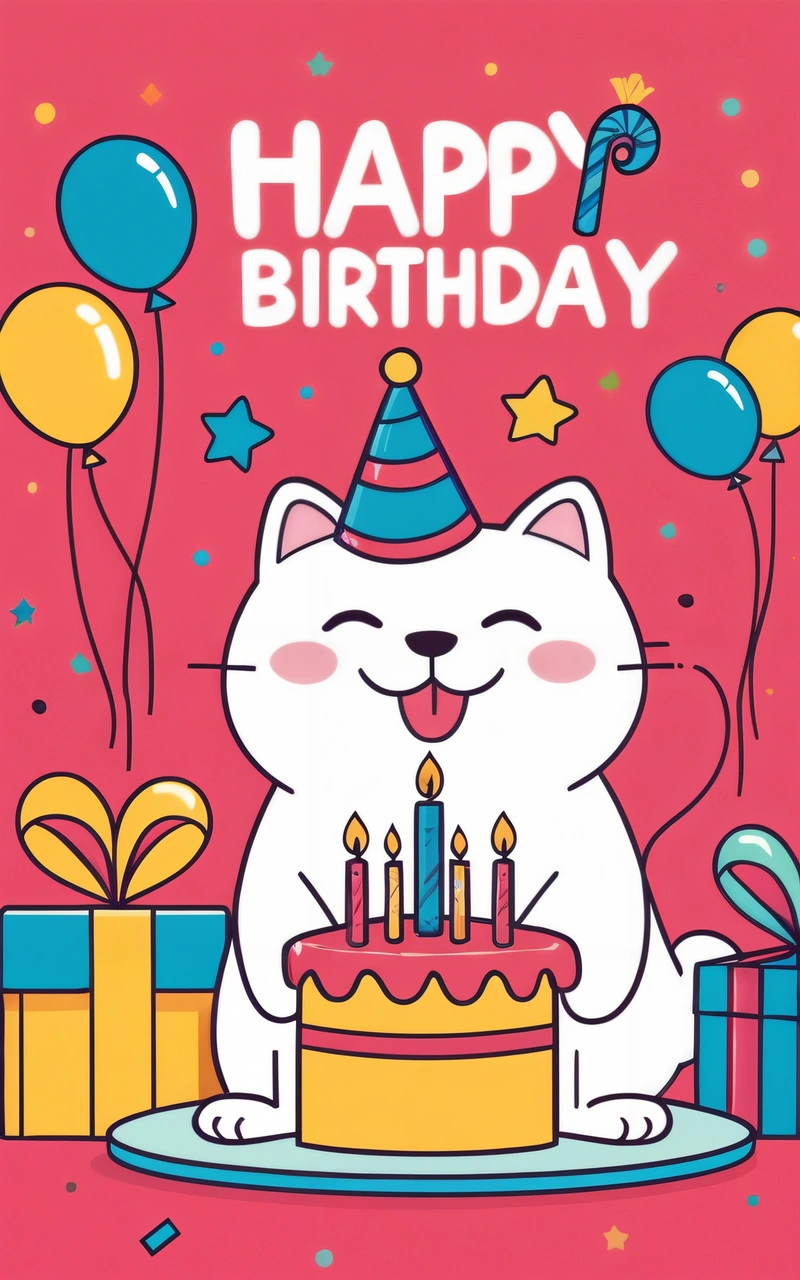 A cat with a Birthday hat and a cake with candles on it, with balloons and confetti around it, and a happy Birthday message, happy, a pastel, furry art