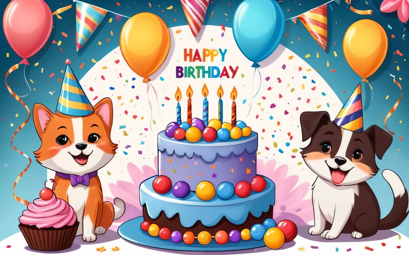 A Birthday card with two dogs and a cake with candles and balloons on it and a Birthday cake with candles and balloons on it, and a blue background with, plain background, a pastel, naive art