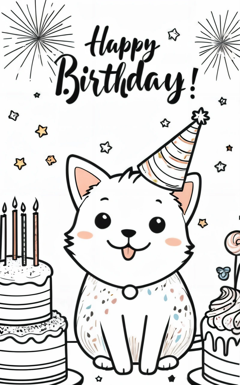 A cat with a Birthday hat sitting in front of a cake with candles on it and a cake with a candle on top of it, plain background, a poster, furry art