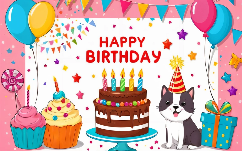 A Birthday card with a cat and a cake with candles and balloons on it and a gift box with a candle and a bow on the bottom, plain background, a pastel, naive art
