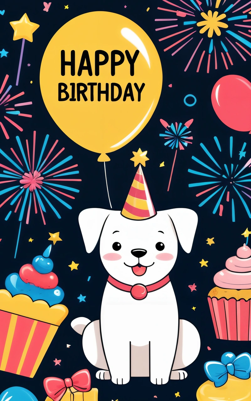 A dog with a Birthday hat and cupcakes on a black background with fireworks and stars around it, with a happy Birthday balloon, plain background, a pastel, naive art