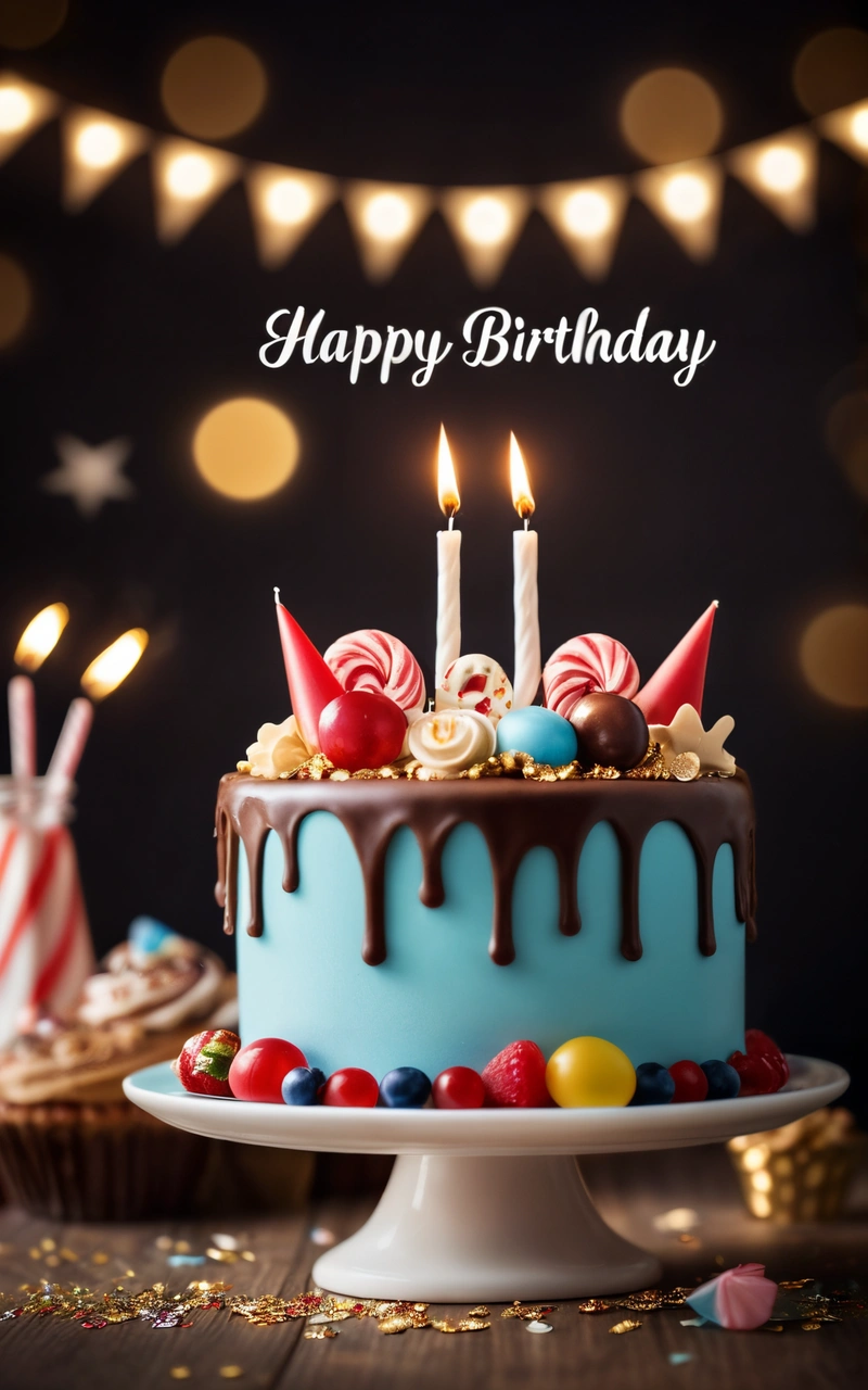 A Birthday cake with candles and candy on a table with lights in the background and a cake with candles on it with a happy Birthday message, dark background, a pastel, computer art