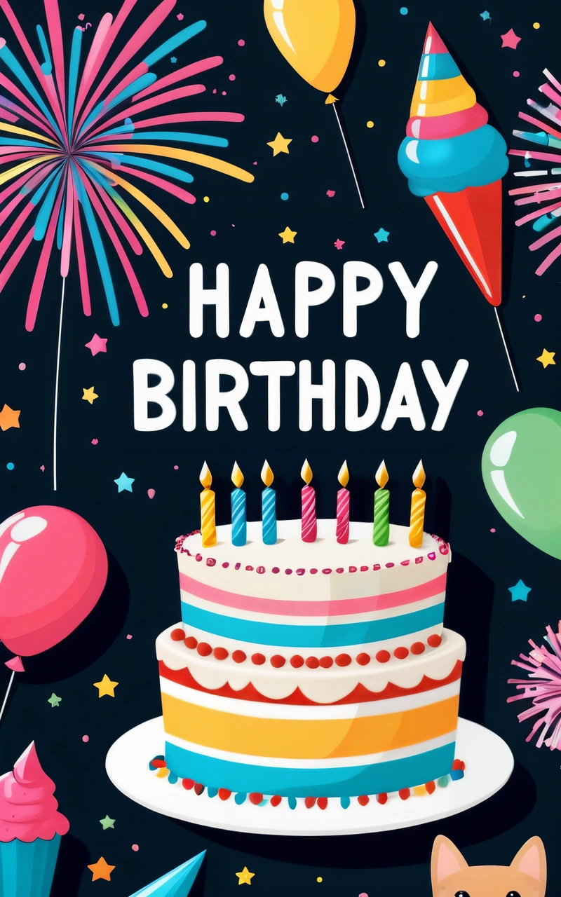 A Birthday cake with candles and balloons on a table with a cat and a cat balloon in the background with a caption that reads happy Birthday, plain background, a pastel, international typographic style