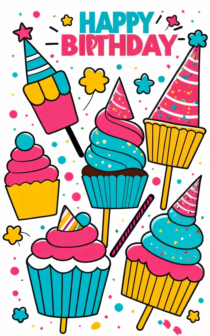 A Birthday card with cupcakes and a Birthday hat on it, with a sparkler and a candle on top of the card, plain background, a pastel, naive art