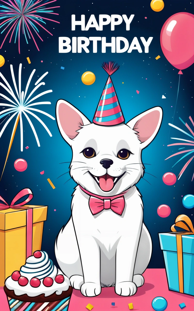A white cat wearing a party hat and bow tie sitting next to a Birthday cake and presents on a table with balloons and confetti, white background, a digital rendering, furry art