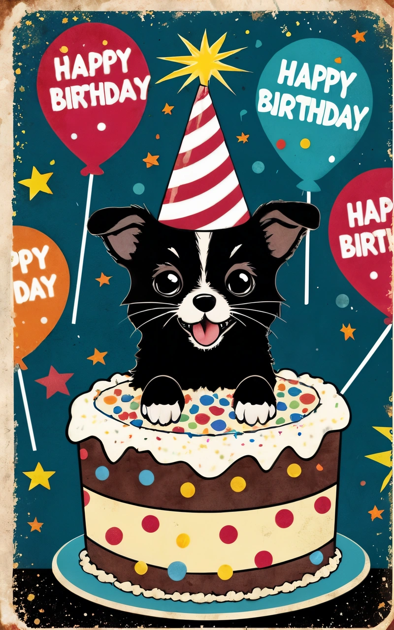 A dog is sitting on top of a Birthday cake with balloons and a party hat on it's head and a happy Birthday message, highly detailed digital art, a pastel, naive art