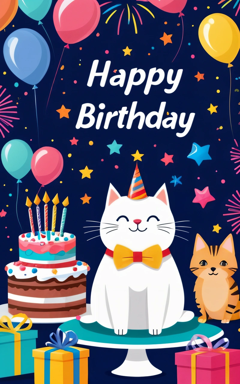A Birthday card with a cat and a cake with candles and balloons on it and a cat sitting on a cake plate with a gift box, happy, a screenshot, naive art