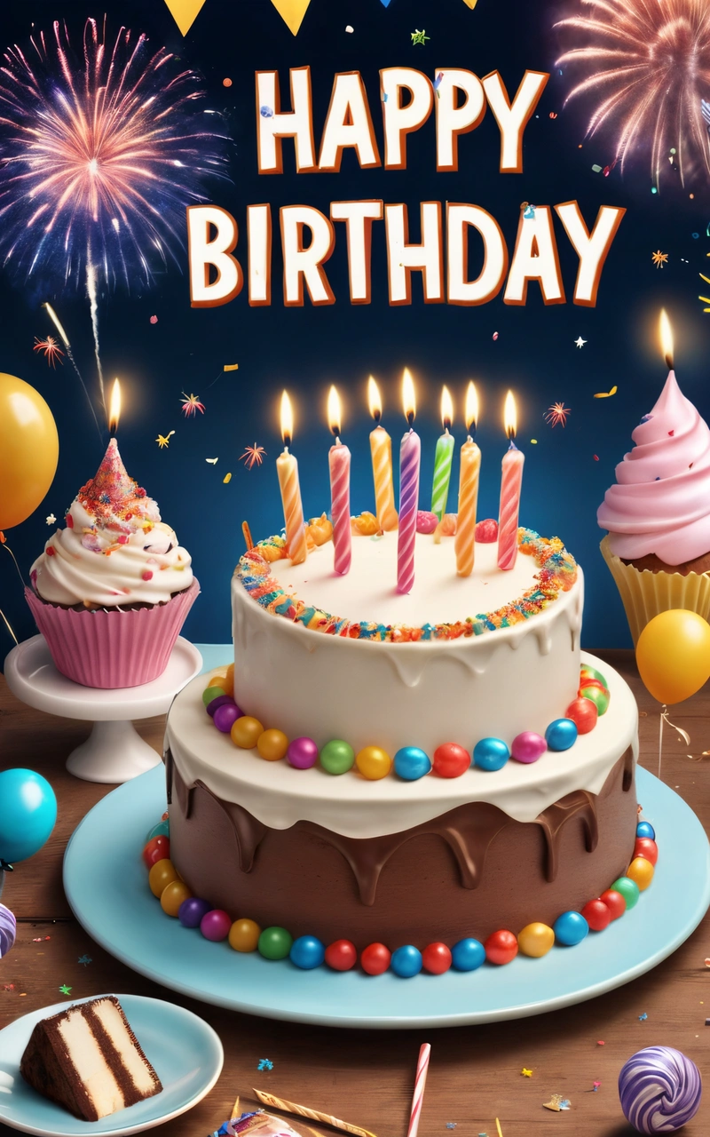 A Birthday cake with candles and balloons on a table with a sign that says happy Birthday to you and everyone who is celebrating it with, candles, a pastel, american barbizon school