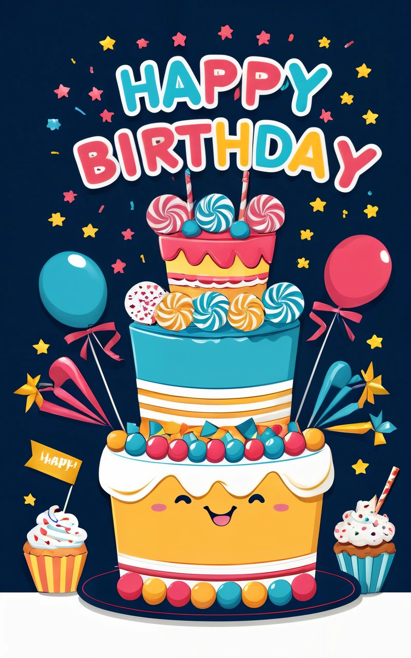 A Birthday card with a cake and balloons on it, and the words happy Birthday written in the middle of the card, and a smiley face with a, plain background, a pastel, international typographic style
