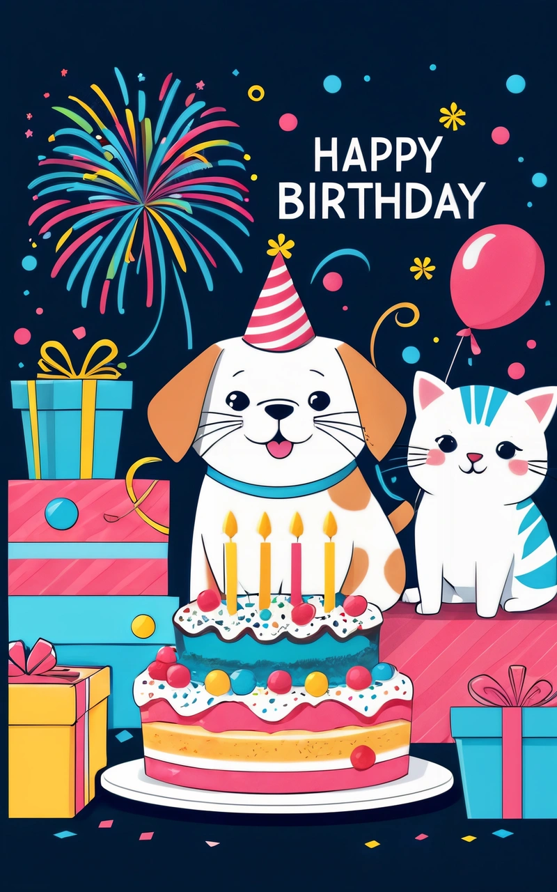 A cat and dog are sitting in front of a Birthday cake with a candle on it and a gift box with a balloon in the background, plain background, a pastel, naive art