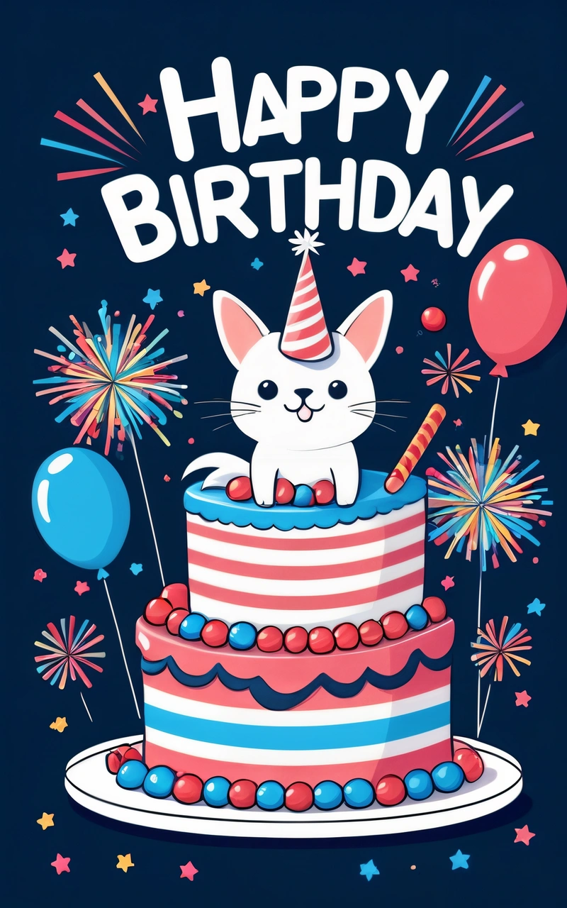 A Birthday card with a cat sitting on top of a cake with balloons and stars on it, and the words happy Birthday written in a, plain background, a pastel, furry art