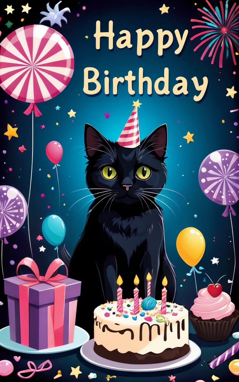 A black cat sitting in front of a Birthday cake with candles and balloons on it's side and a Birthday card with a happy Birthday message, black background, a pastel, furry art