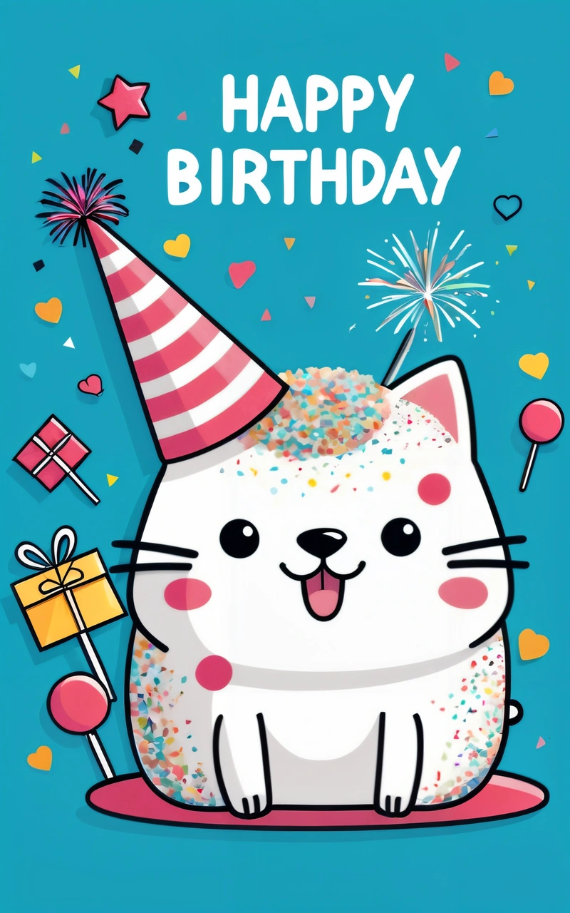 A Birthday card with a cat wearing a party hat and a gift box with a sparkler on it, and a happy Birthday message, cute and funny, a pastel, naive art
