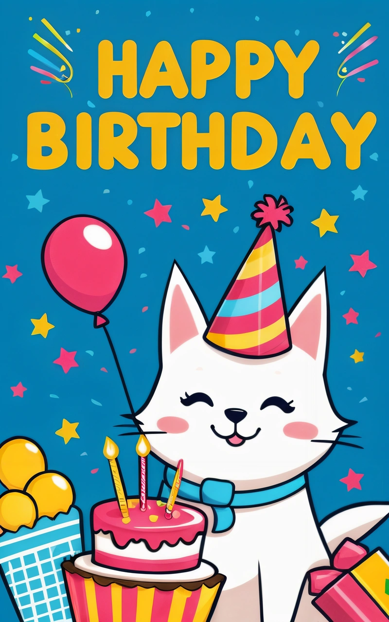 A Birthday card with a cat holding a cake and a balloon in the background with stars and confetti on it, and a blue background with yellow and yellow stars, plain background, a pastel, furry art