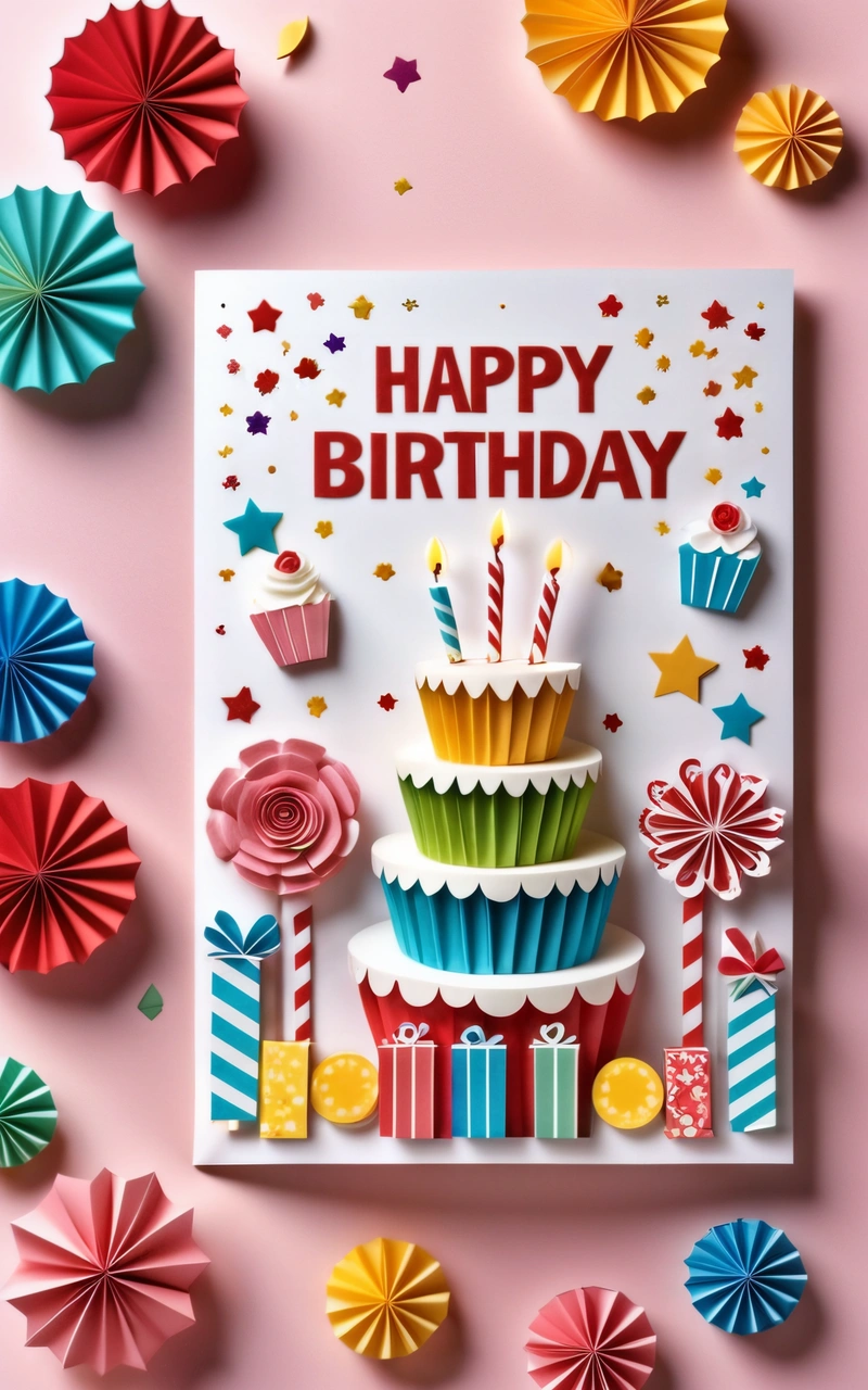 A Birthday card with a cake and cupcakes on it, surrounded by colorful paper decorations and stars and confetti on a pink background, paper texture, a pastel, international typographic style