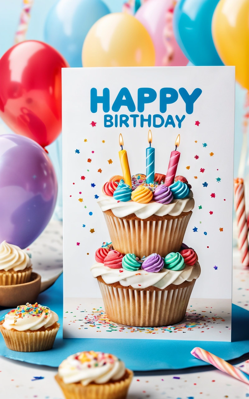 A Birthday card with a cupcake and cupcakes on it with balloons in the background and a Birthday card with a happy Birthday written on it, plain background, a pastel, international typographic style