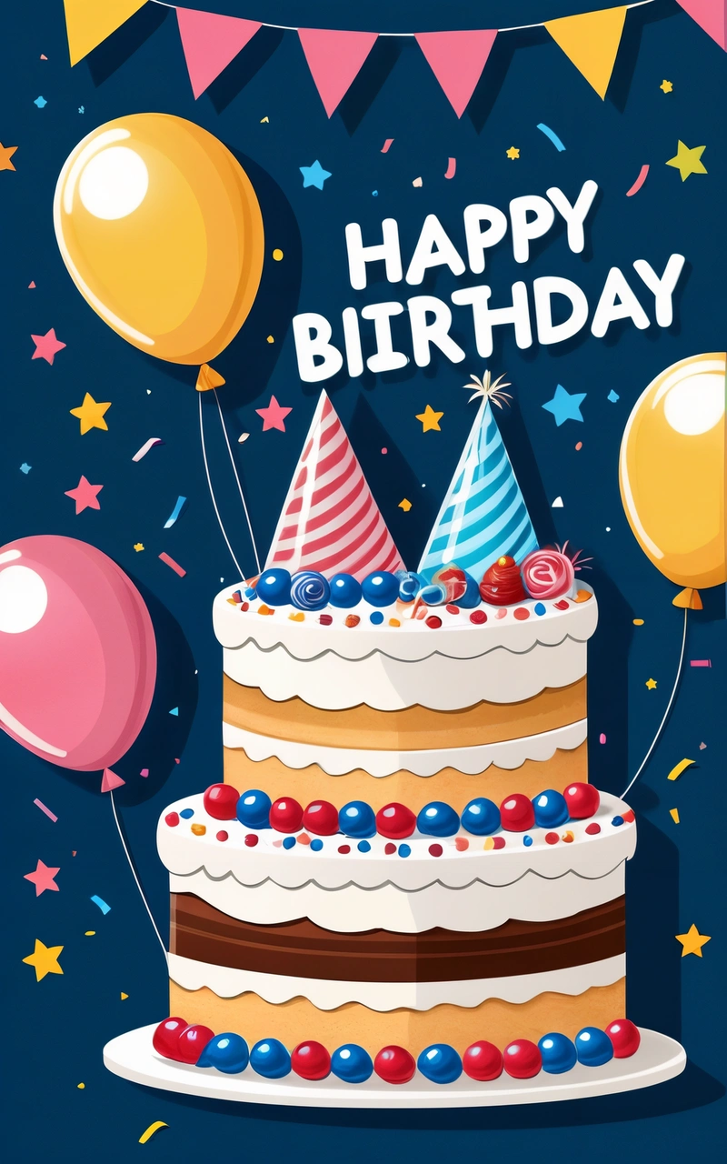 A Birthday cake with balloons and streamers on a blue background with a happy Birthday message in the middle of the image is a banner, plain background, a pastel, international typographic style