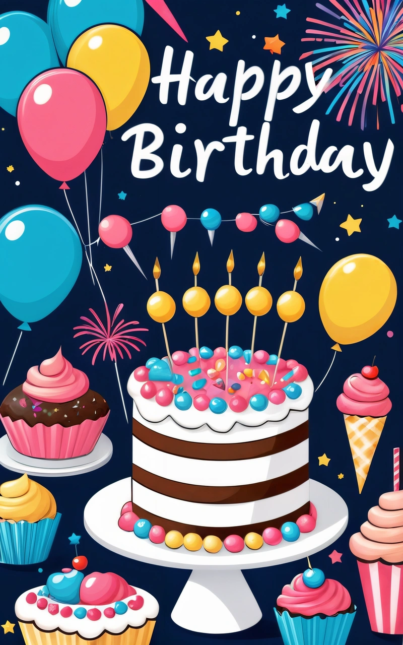 A Birthday card with a cake and cupcakes on it with balloons and stars in the background and a blue sky with stars and clouds, plain background, a pastel, naive art