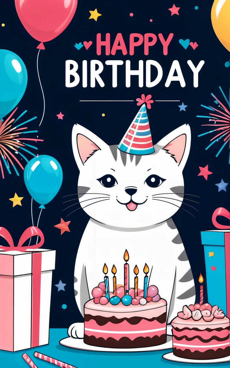 A cat sitting in front of a Birthday cake with candles and presents on it, with a happy Birthday message in the background with balloons, happy, a pastel, furry art
