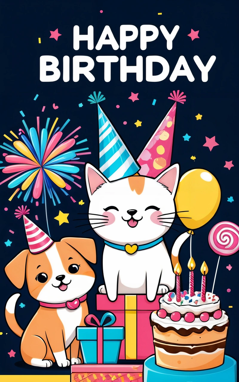 A Birthday card with two cats and a dog on it with a cake and balloons in the background and a dog with a Birthday hat on the, plain background, a pastel, furry art