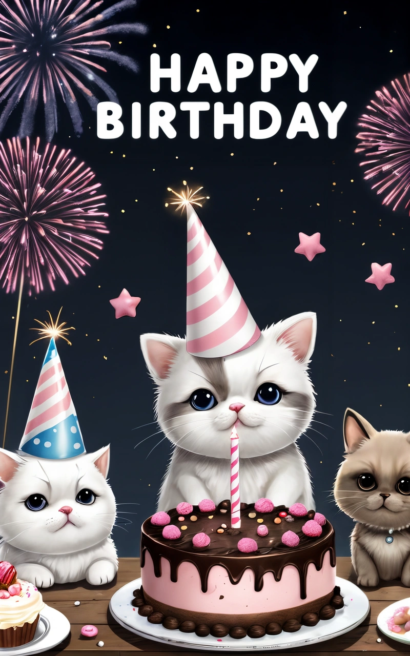 A Birthday card with two cats and a cake with candles on it and fireworks in the background with a caption that reads happy Birthday, cute and funny, a pastel, les nabis