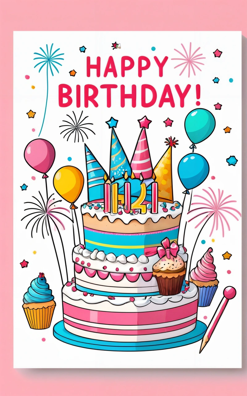 A Birthday card with a cake and balloons on it, and the words happy Birthday written in a bold font on the front of the card, plain background, a pastel, naive art