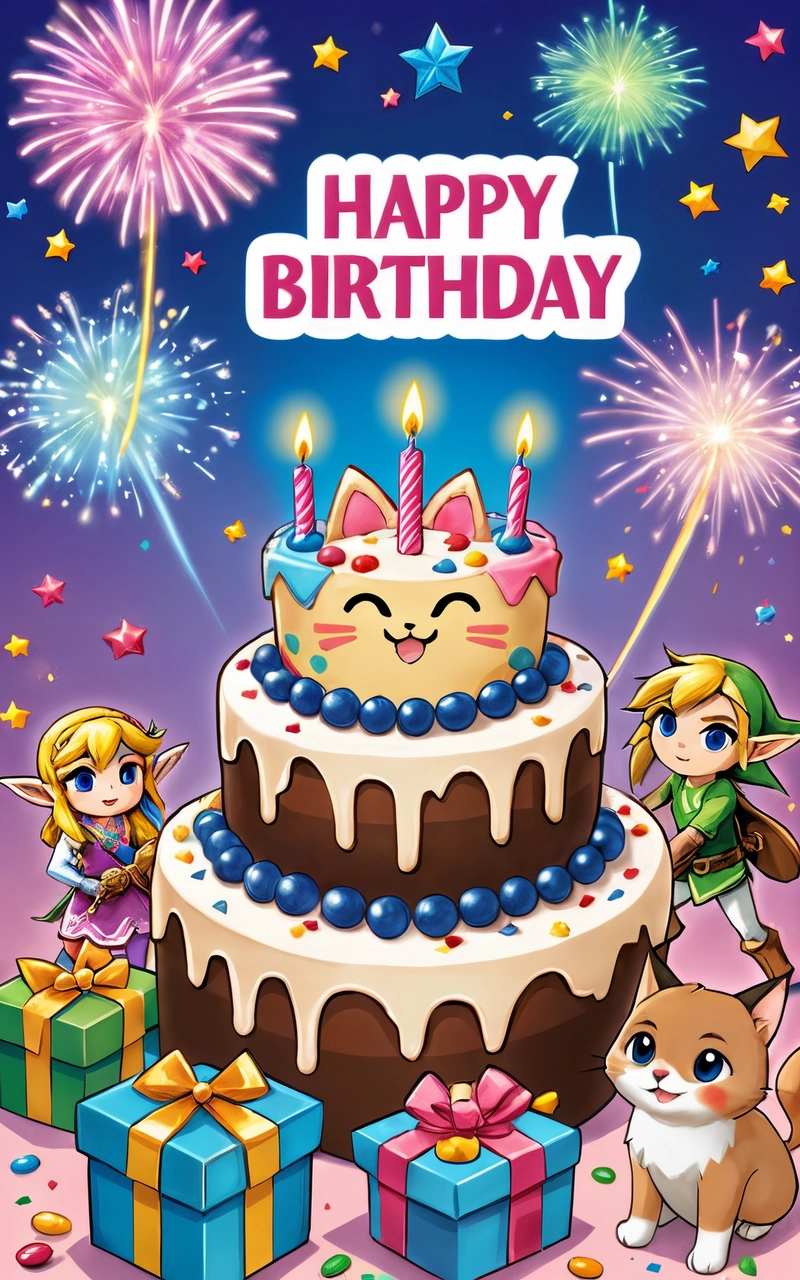 A Birthday card with a cartoon character and a cake with candles on it and presents around it, and a cat and a dog standing next to it, official art, a pastel, sots art