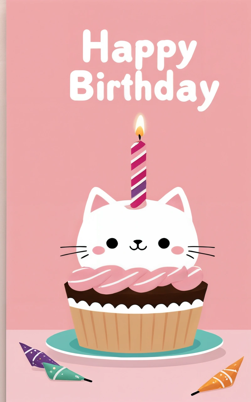 A Birthday card with a cat on top of a cupcake with a candle on it and a small cake with a candle in the middle, plain background, a pastel, international typographic style