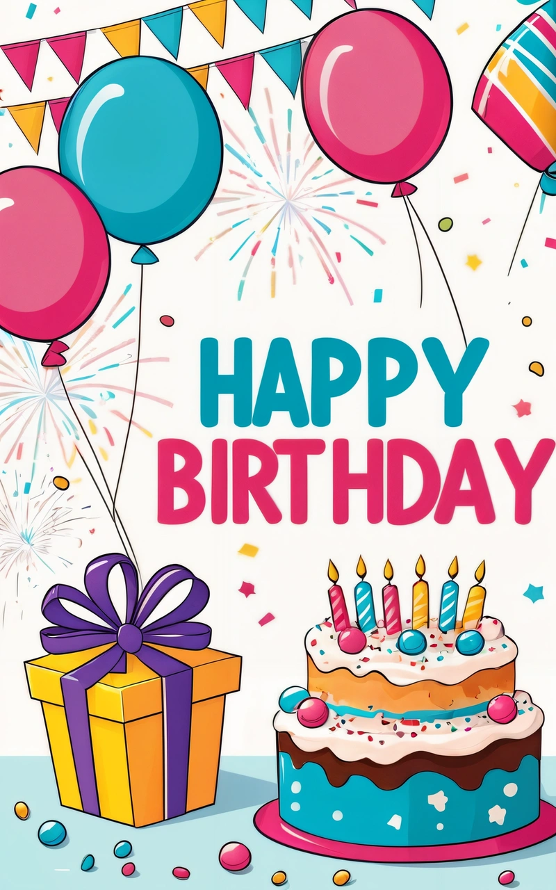A Birthday card with a cake and balloons and a gift box with a ribbon and streamers on it, and a happy Birthday message, plain background, a pastel, international typographic style