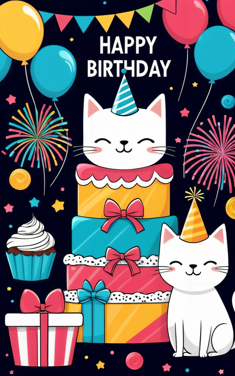 A Birthday card with two cats and presents on it, and balloons and streamers in the background, and a Birthday cake with a cat on top, plain background, a pastel, naive art