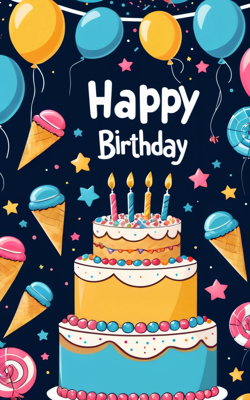 A Birthday card with a cake and balloons on it, and the words happy Birthday written in the middle of the card, and a bunch of balloons and stars, plain background, a pastel, international typographic style