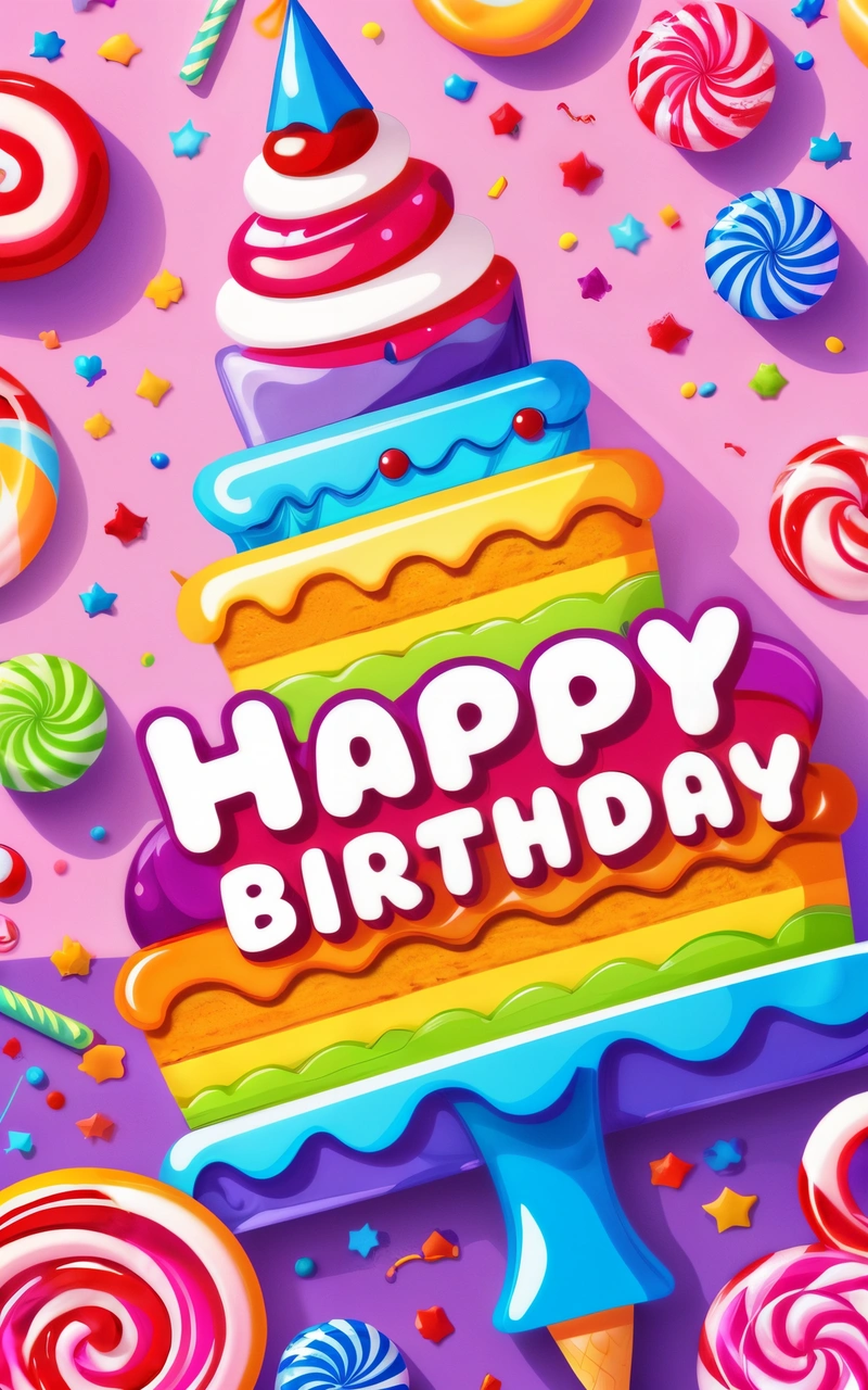 A Birthday cake with a candle and candy on a pink background with stars and confetti around it and a happy Birthday message in the middle, plain background, a pastel, naive art