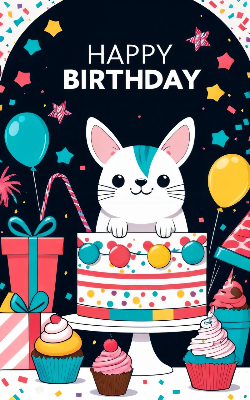 A Birthday card with a cat holding a cake and cupcakes with balloons and confetti on it, and a gift box with a candle, plain background, a pastel, furry art