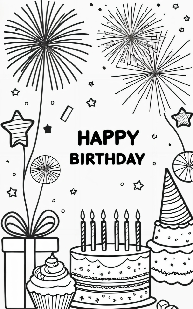 A Birthday card with a cake and fireworks on it, and a gift box with a candle in it, and a gift box with a candle in the middle, plain background, a pastel, naive art