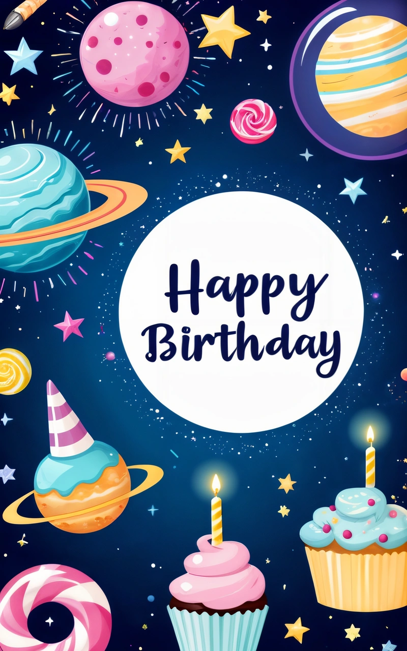 A Birthday card with a space theme and a cupcake with candles on it and a space background with stars and planets in the sky, plain background, computer graphics, space art