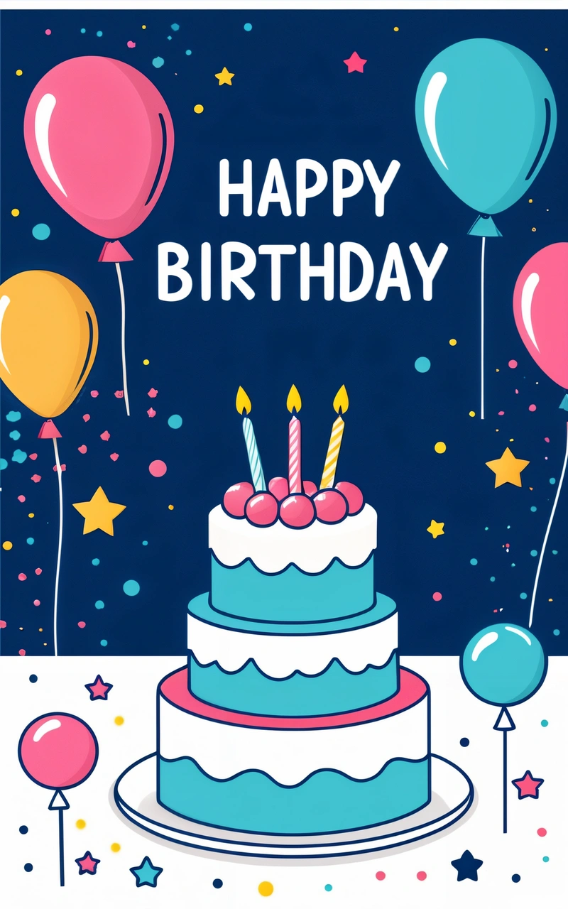 A Birthday cake with candles and balloons on a table with a blue background and a happy Birthday message in the middle of the card reads, happy Birthday, colorful flat surreal design, a pastel, barbizon school