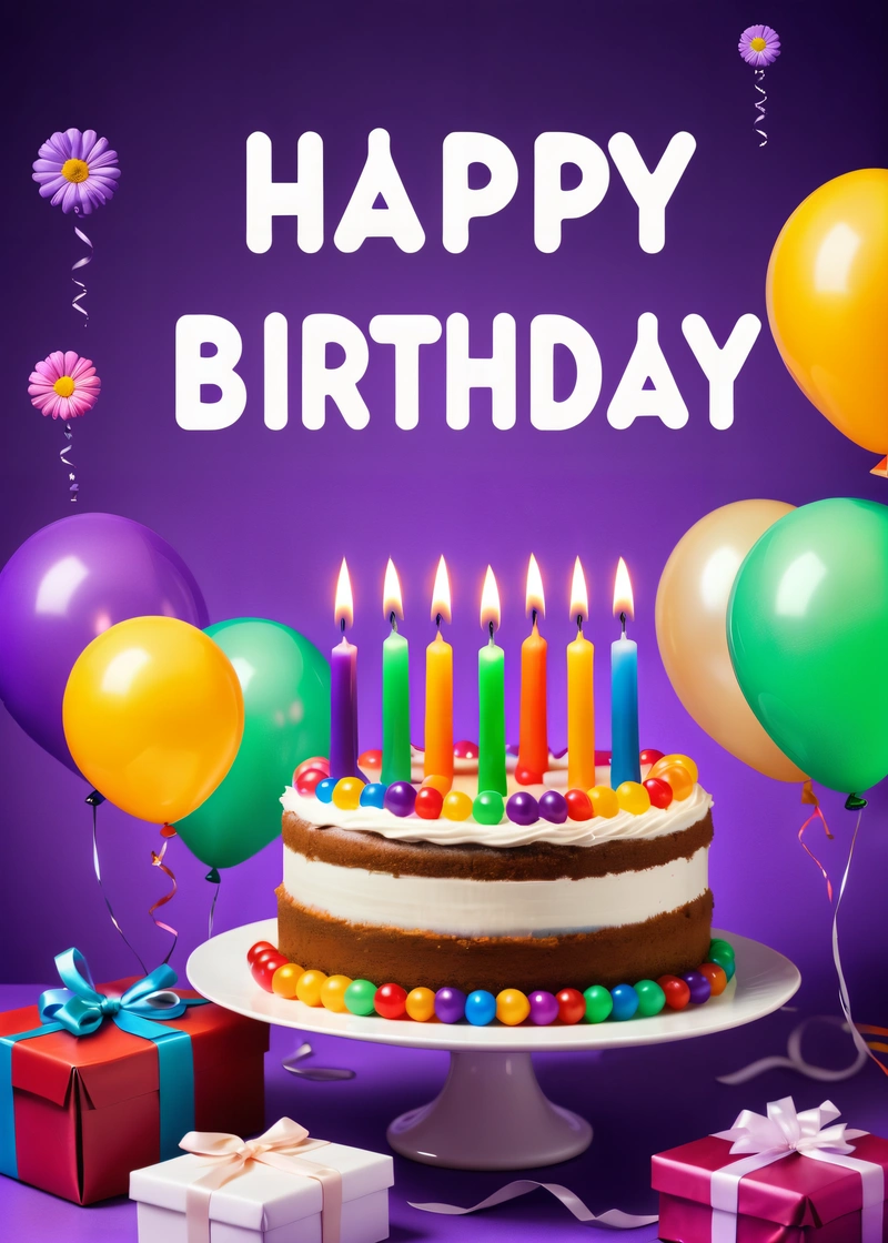 A Birthday cake with candles and balloons on a table with presents and a purple background with a purple background and a purple background with a purple background, plain background, a pastel, net art