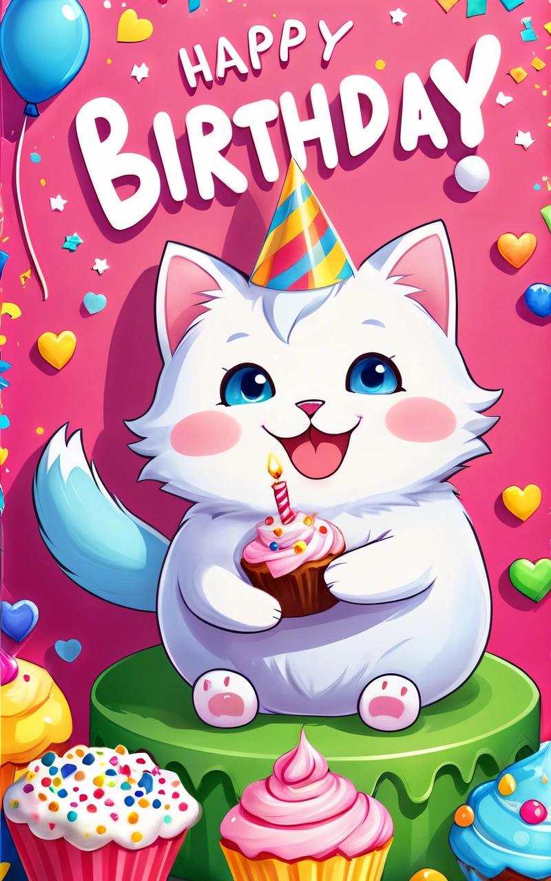 A happy Birthday card with a cat holding a cupcake and a candle on top of a cake with a happy Birthday message on it, league of legends splash art, a pastel, furry art