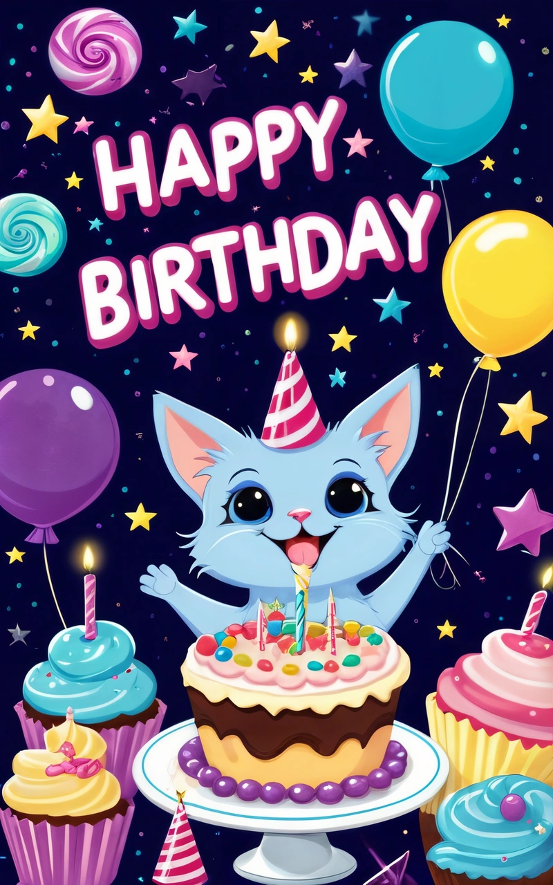 A Birthday card with a cat and cupcakes on it and balloons and stars around it, and a happy Birthday message in the middle, plain background, a pastel, furry art